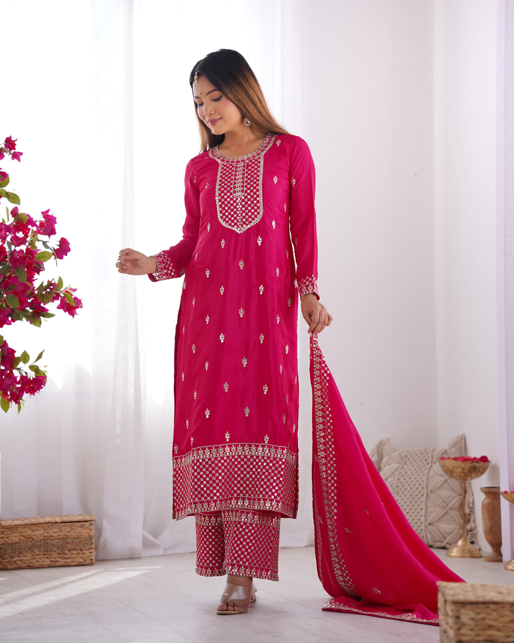 Lorenvalley Magenta Chinon Silk Embroidery Sequence and Jari Work Kurta Trousers with Dupatta Set - Distacart