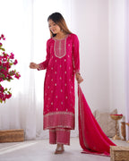 Lorenvalley Magenta Chinon Silk Embroidery Sequence and Jari Work Kurta Trousers with Dupatta Set - Distacart
