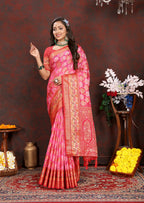Lorenvalley Fashion Magenta Organza Silk Woven Design with Rich Meenakari Weaving Pallu Saree