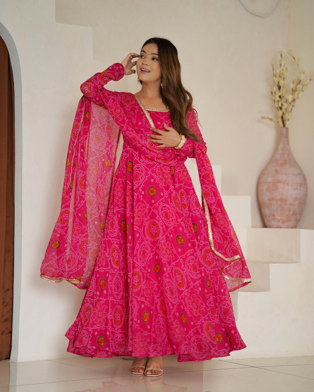 Lorenvalley Women Soft Lightweight Chiffon Bandhej Print Fabric Anarkali Kurta Pant With Dupatta Set