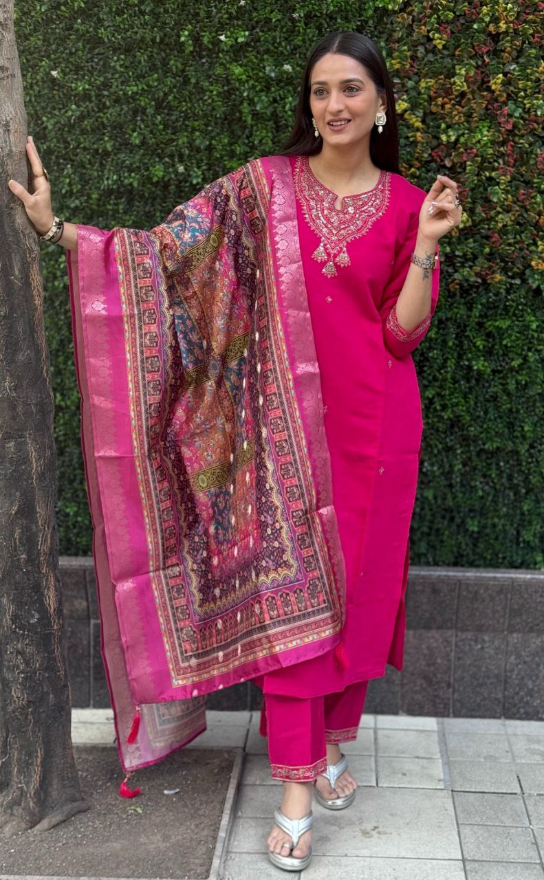 Lorenvalley Fashion Magenta Roman Silk Embroidery Multi Work Kurta Pant with Dupatta - Distacart