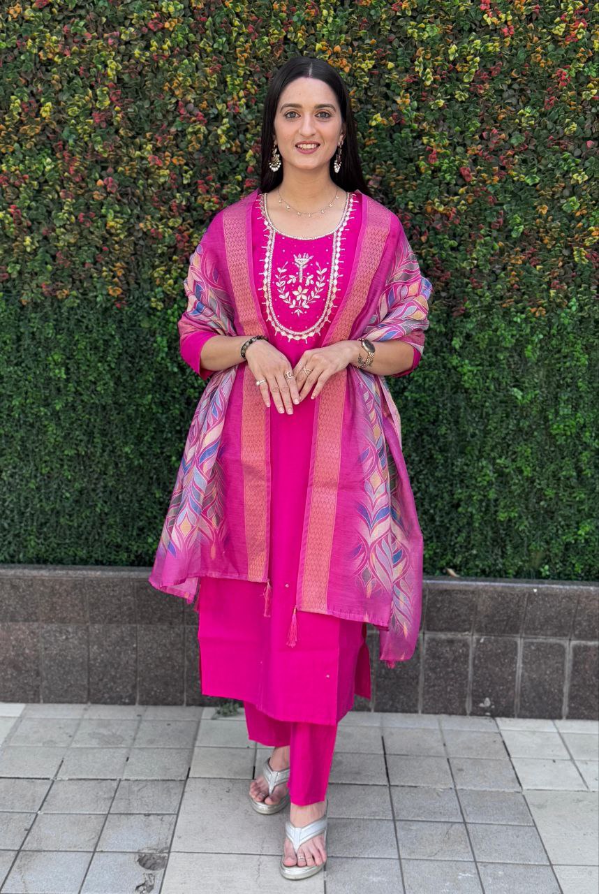 Lorenvalley Fashion Magenta Roman Silk Hand Work Kurta Pant with Dupatta - Distacart