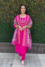 Lorenvalley Fashion Magenta Roman Silk Hand Work Kurta Pant with Dupatta - Distacart