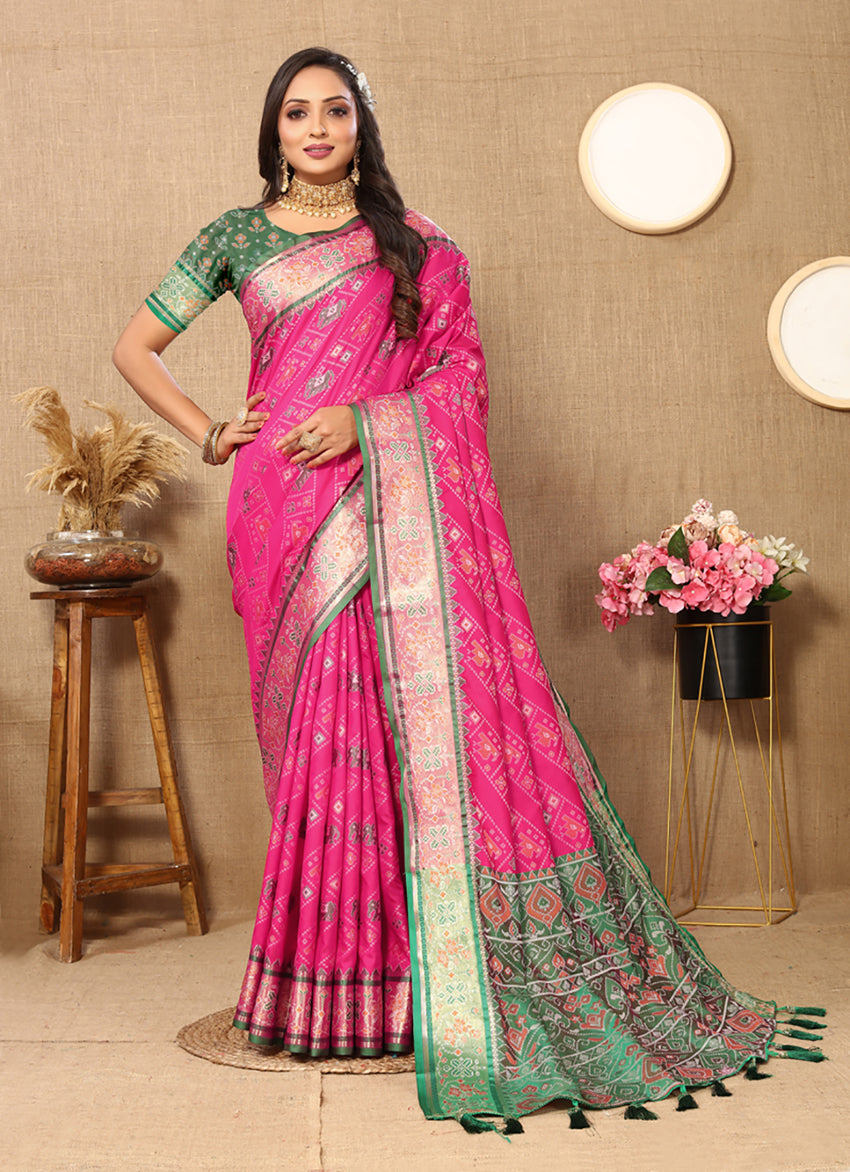 Lorenvalley Fashion Magenta Patola Silk Woven Design with Zari Meenakari Weaving motifs Pallu Saree