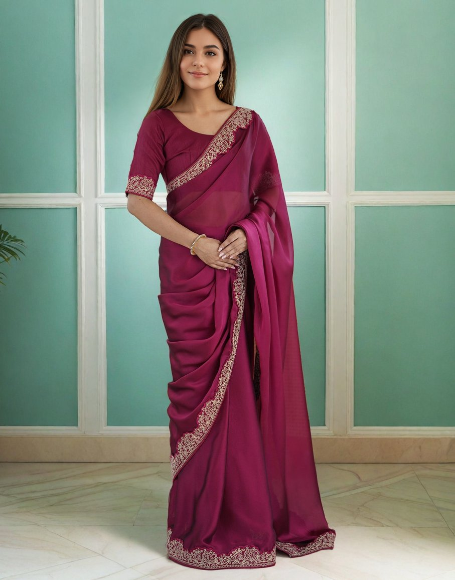 Lorenvalley Fashion Dark Magenta Rangoli Silk with Coding Lace Work Saree with Blouse - Distacart