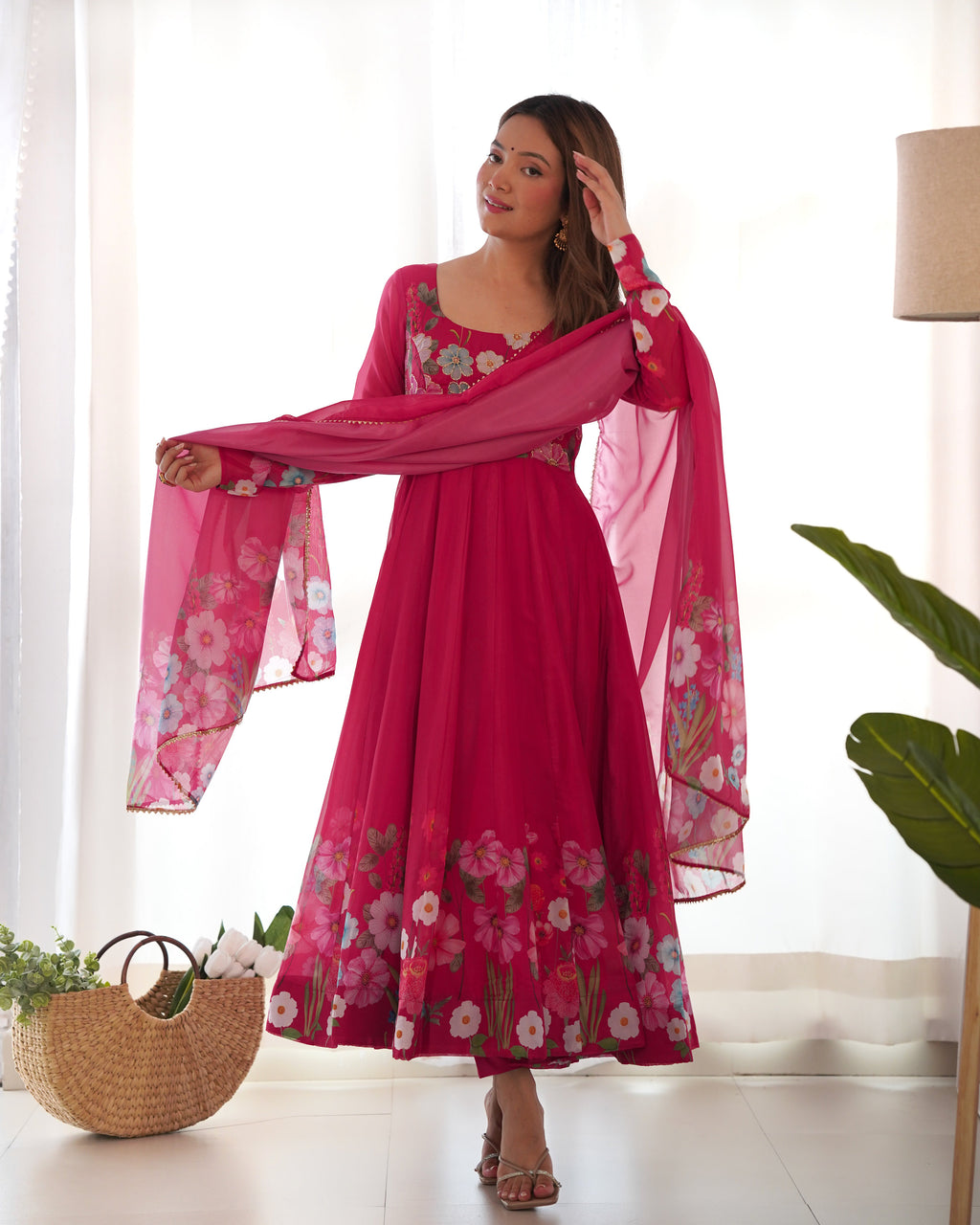 Lorenvalley Parrot Soft Organza Silk With Floral Print Fully Flared Anarkali Pant With Dupatta Set - Magenta