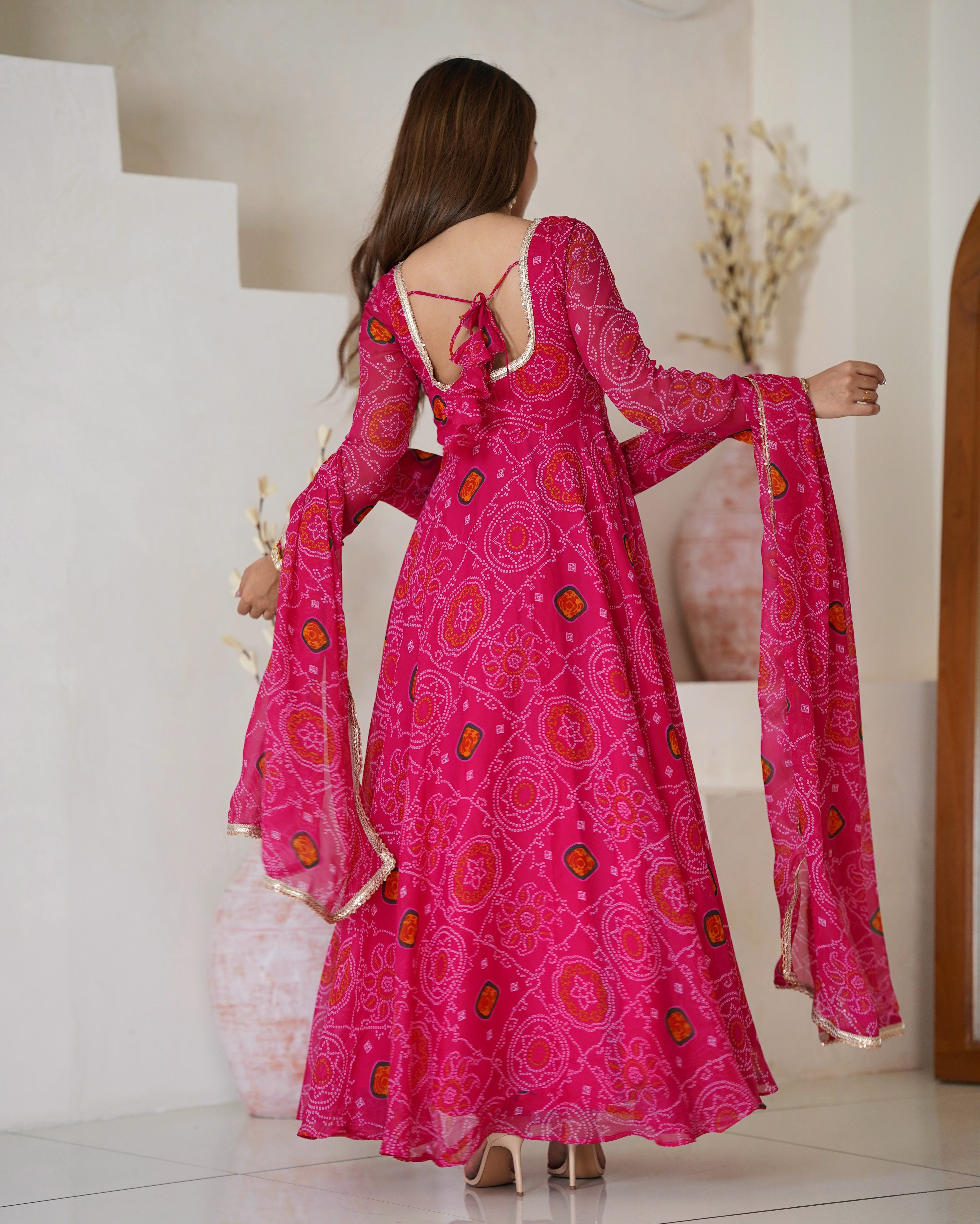 Lorenvalley Women Soft Lightweight Chiffon Bandhej Print Fabric Anarkali Kurta Pant With Dupatta Set