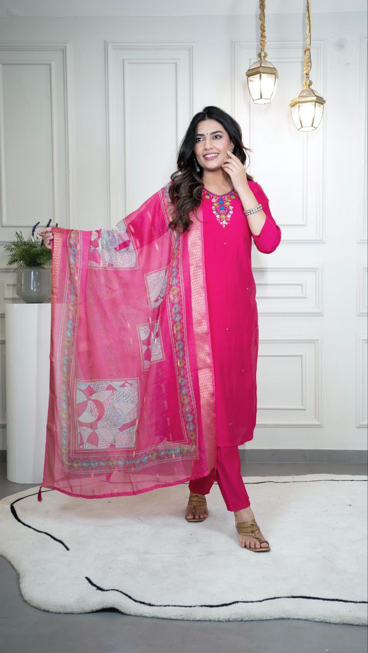 Lorenvalley Fashion Magenta Roman Silk Hand Work Kurta Pant with Dupatta - Distacart