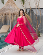 Lorenvalley Magenta Pure Romansilk Chanderi Fabric Yoke Fancy Lace Work Anarkali Kurta Pant With Dupatta Set