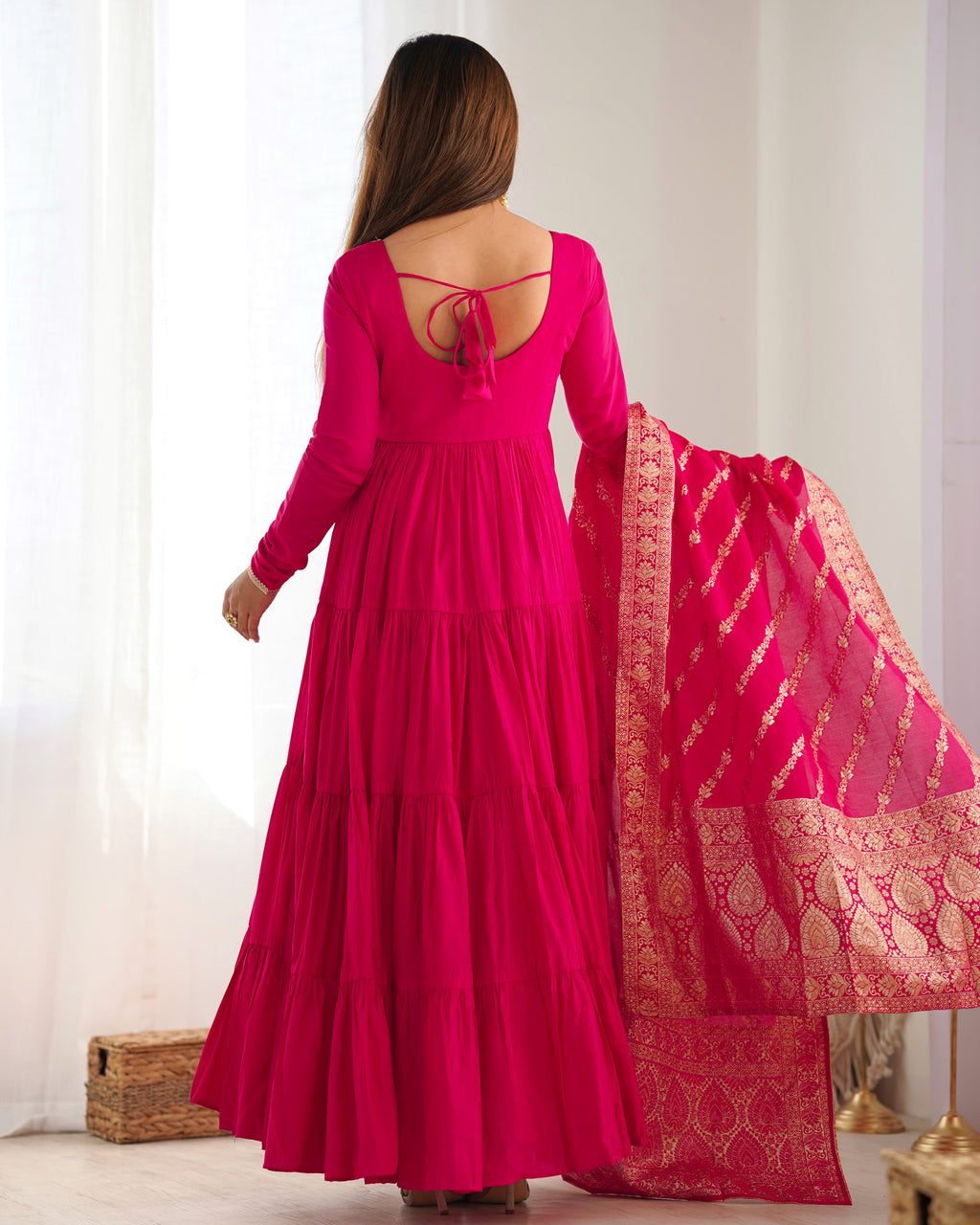 Lorenvalley Women Pure Roman silk Chanderi Fabric Layer Gathering Anarkali Kurta Pant With Dupatta Set - Magenta