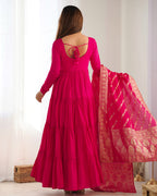 Lorenvalley Women Pure Roman silk Chanderi Fabric Layer Gathering Anarkali Kurta Pant With Dupatta Set - Magenta