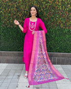 Lorenvalley Fashion Magenta Roman Silk Hand Work Kurta Pant with Dupatta - Distacart