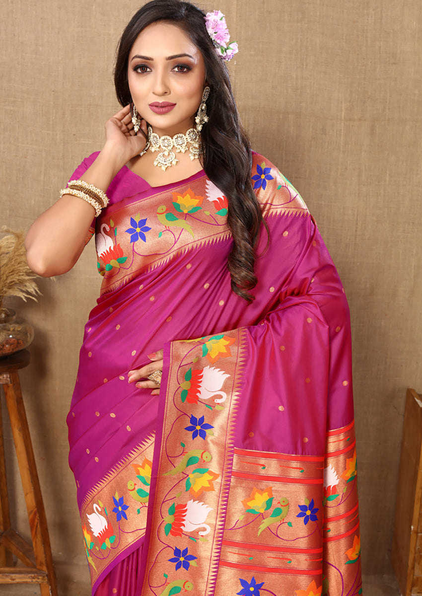 Lorenvalley Fashion Magenta Soft Paithani Silk Woven Design Rich Zari Meenakari Weaving Saree