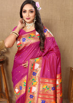 Lorenvalley Fashion Magenta Soft Paithani Silk Woven Design Rich Zari Meenakari Weaving Saree