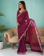 Lorenvalley Fashion Dark Magenta Rangoli Silk with Coding Lace Work Saree with Blouse - Distacart