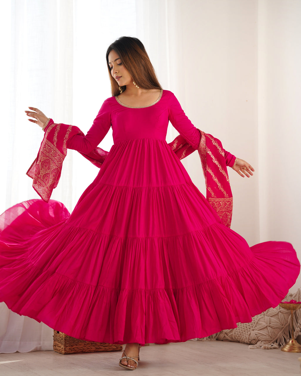 Lorenvalley Women Pure Roman silk Chanderi Fabric Layer Gathering Anarkali Kurta Pant With Dupatta Set - Magenta