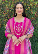 Lorenvalley Fashion Magenta Roman Silk Hand Work Kurta Pant with Dupatta - Distacart