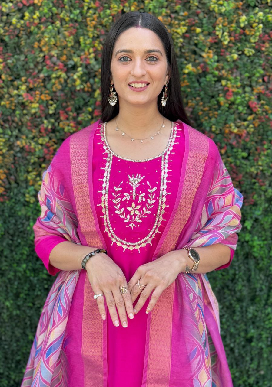 Lorenvalley Fashion Magenta Roman Silk Hand Work Kurta Pant with Dupatta - Distacart