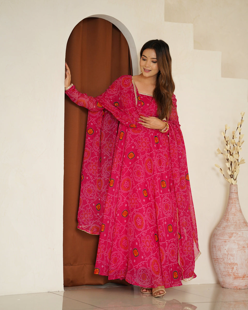 Lorenvalley Women Soft Lightweight Chiffon Bandhej Print Fabric Anarkali Kurta Pant With Dupatta Set