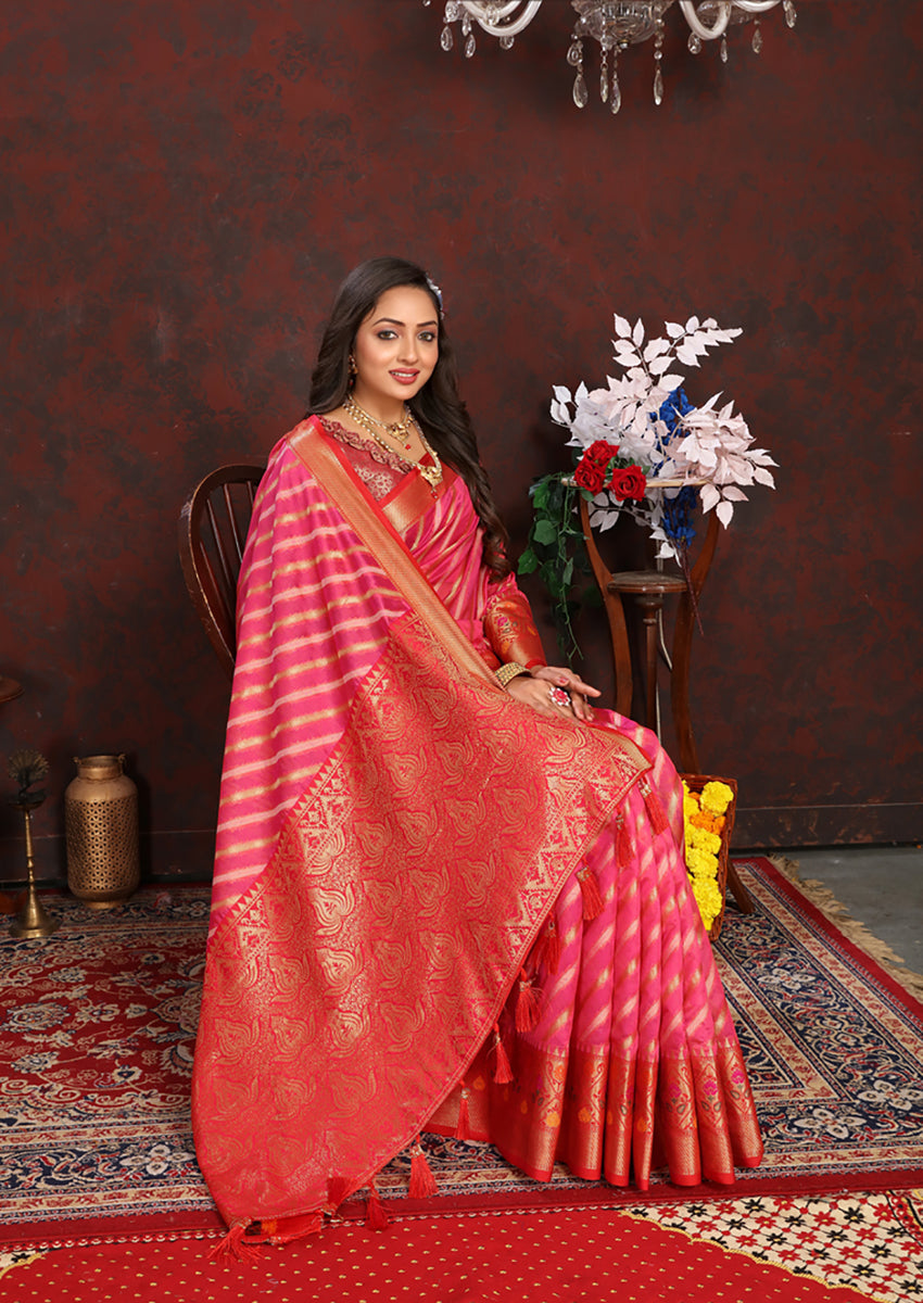 Lorenvalley Fashion Magenta Organza Silk Woven Design with Rich Meenakari Weaving Pallu Saree