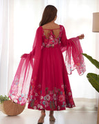 Lorenvalley Parrot Soft Organza Silk With Floral Print Fully Flared Anarkali Pant With Dupatta Set - Magenta