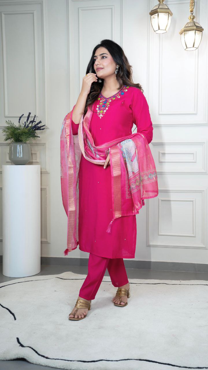 Lorenvalley Fashion Magenta Roman Silk Hand Work Kurta Pant with Dupatta - Distacart