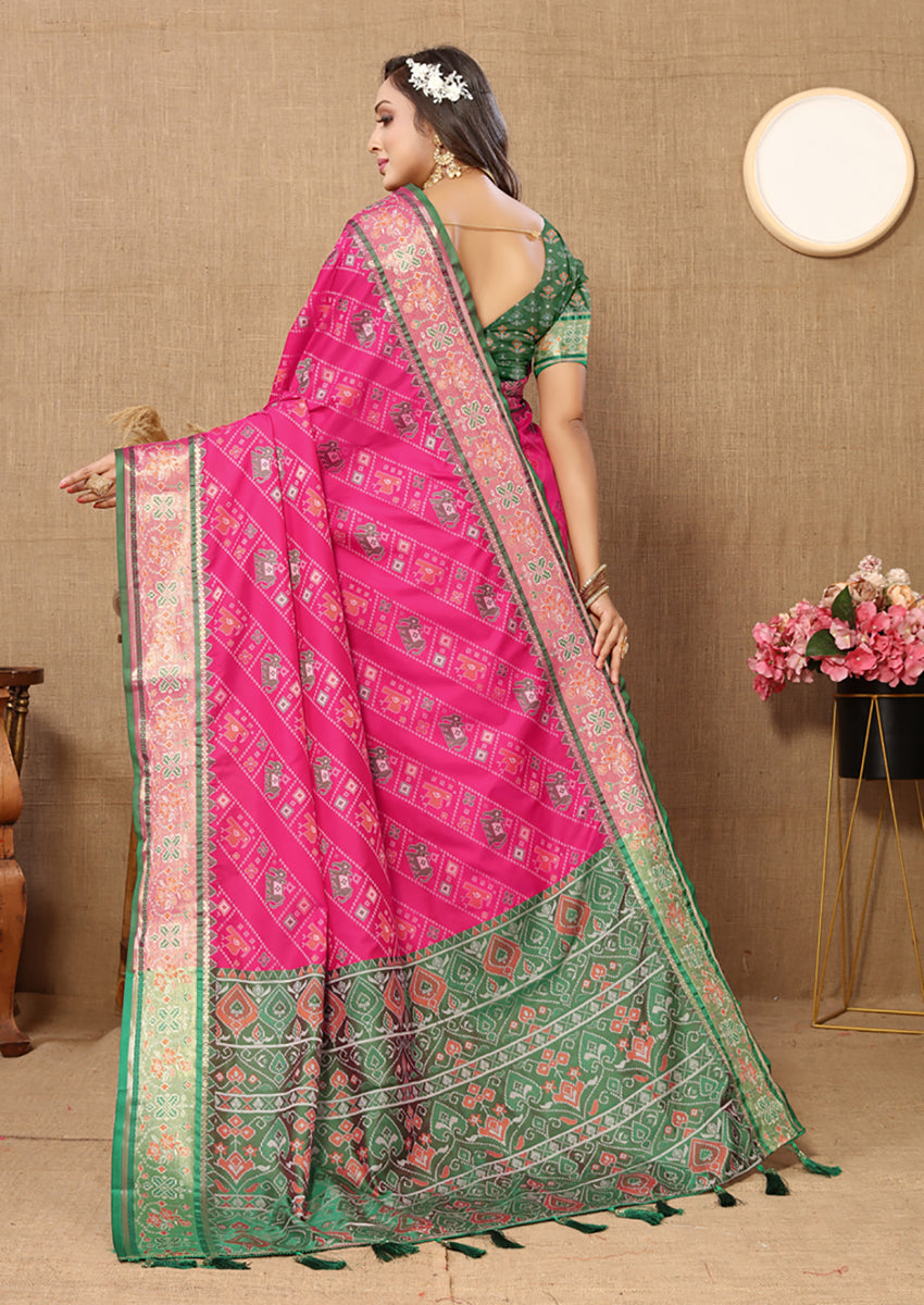 Lorenvalley Fashion Magenta Patola Silk Woven Design with Zari Meenakari Weaving motifs Pallu Saree