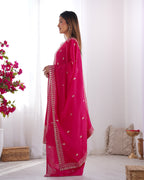 Lorenvalley Magenta Chinon Silk Embroidery Sequence and Jari Work Kurta Trousers with Dupatta Set - Distacart