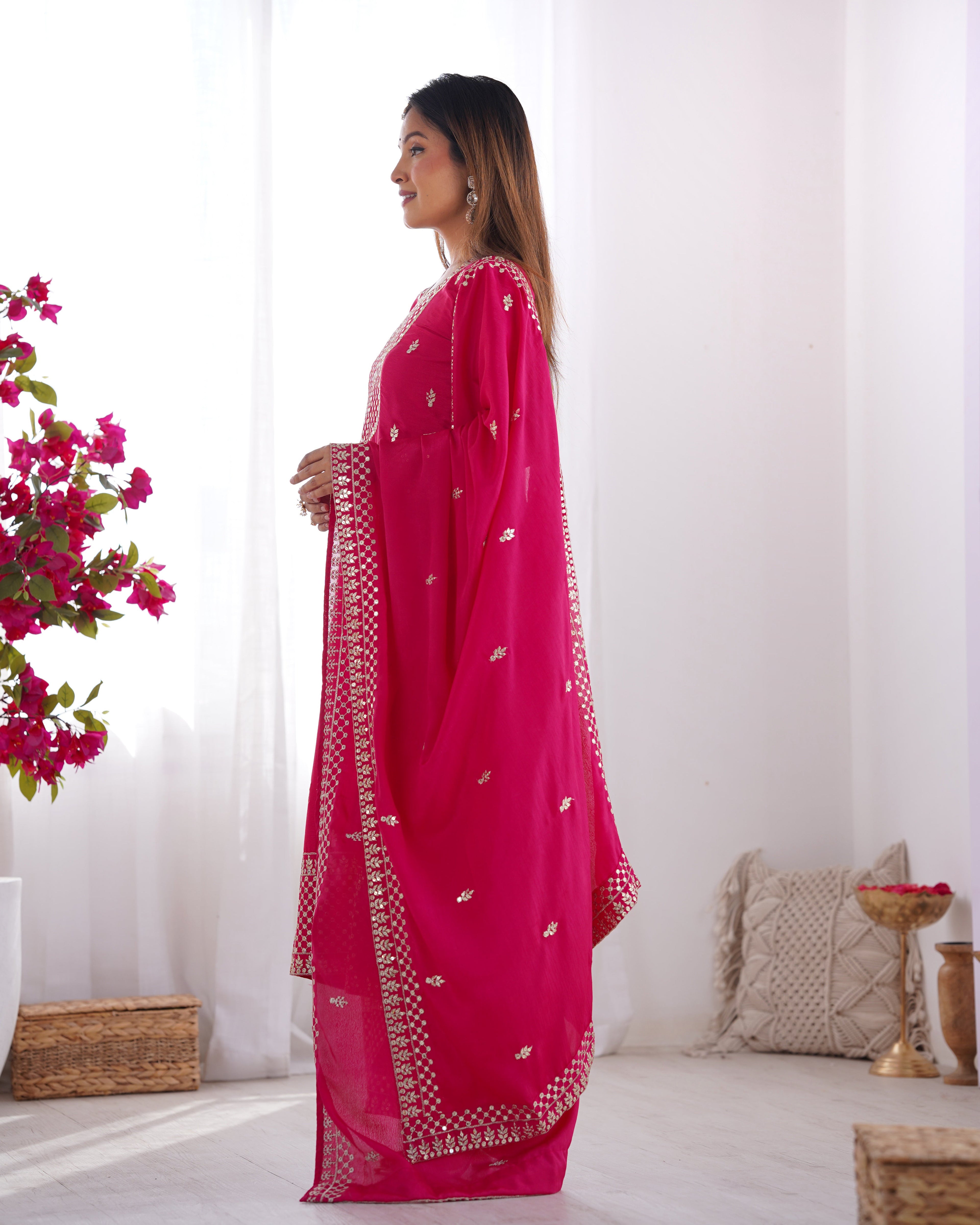 Lorenvalley Magenta Chinon Silk Embroidery Sequence and Jari Work Kurta Trousers with Dupatta Set - Distacart