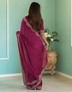 Lorenvalley Fashion Dark Magenta Rangoli Silk with Coding Lace Work Saree with Blouse - Distacart