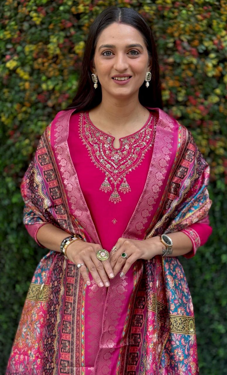 Lorenvalley Fashion Magenta Roman Silk Embroidery Multi Work Kurta Pant with Dupatta - Distacart