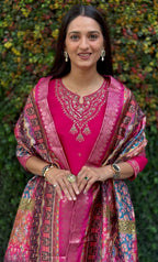 Lorenvalley Fashion Magenta Roman Silk Embroidery Multi Work Kurta Pant with Dupatta - Distacart