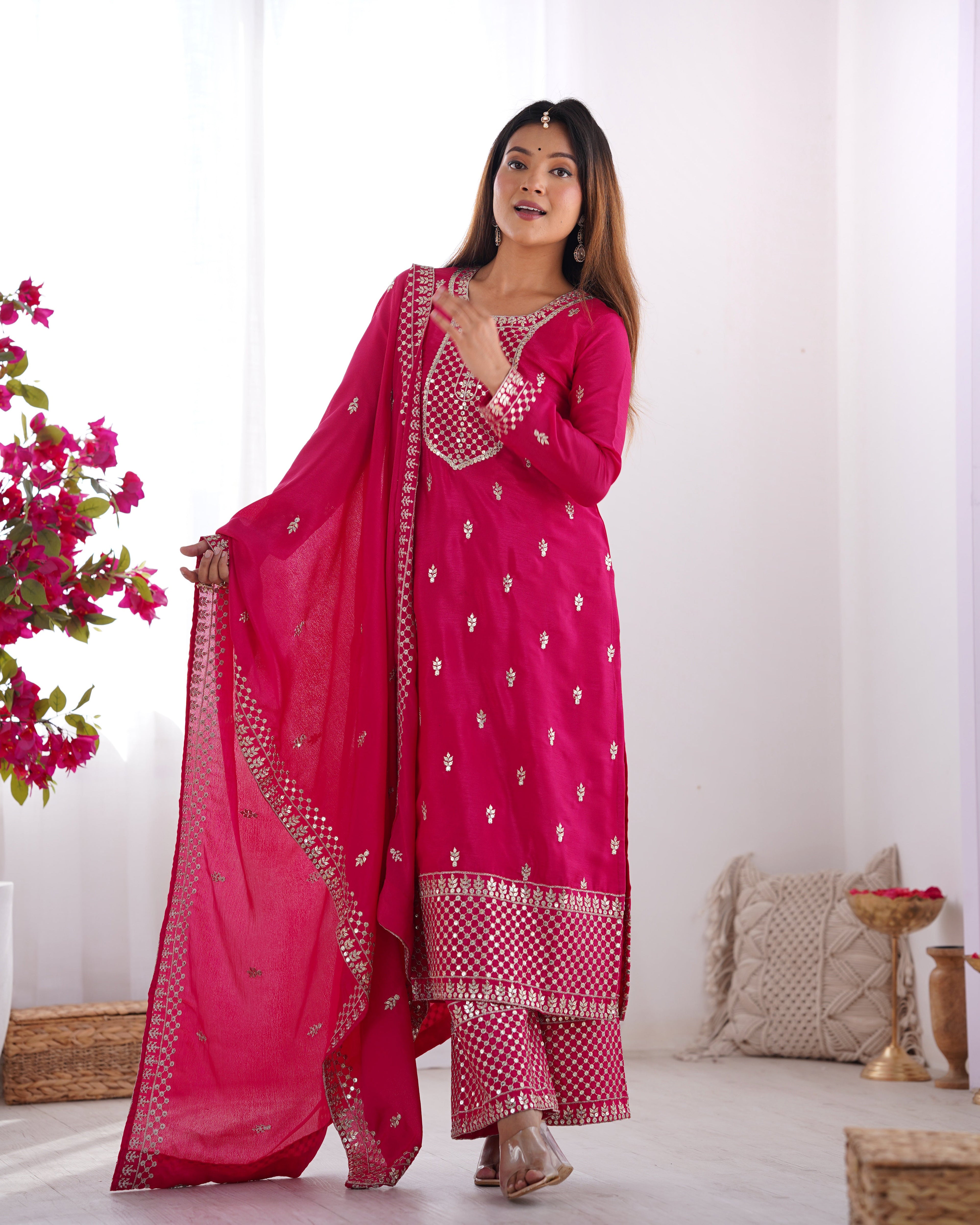 Lorenvalley Magenta Chinon Silk Embroidery Sequence and Jari Work Kurta Trousers with Dupatta Set - Distacart