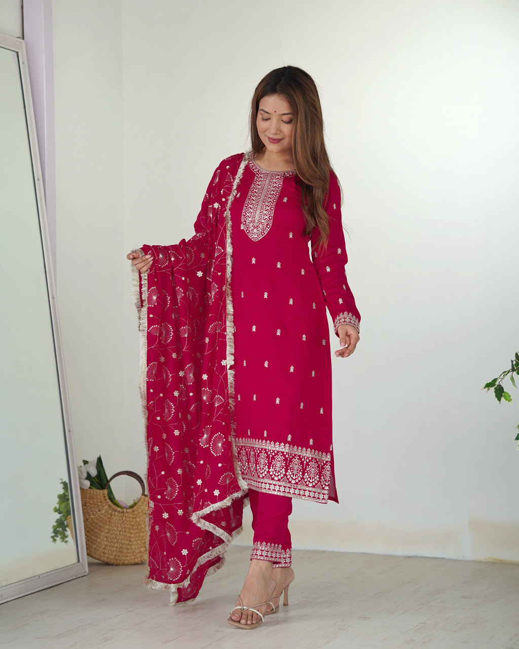 Lorenvalley Magenta Rangoli Silk Embroidery Sequence and Jari Work Kurta Trousers with Dupatta Set - Distacart