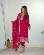 Lorenvalley Magenta Rangoli Silk Embroidery Sequence and Jari Work Kurta Trousers with Dupatta Set - Distacart
