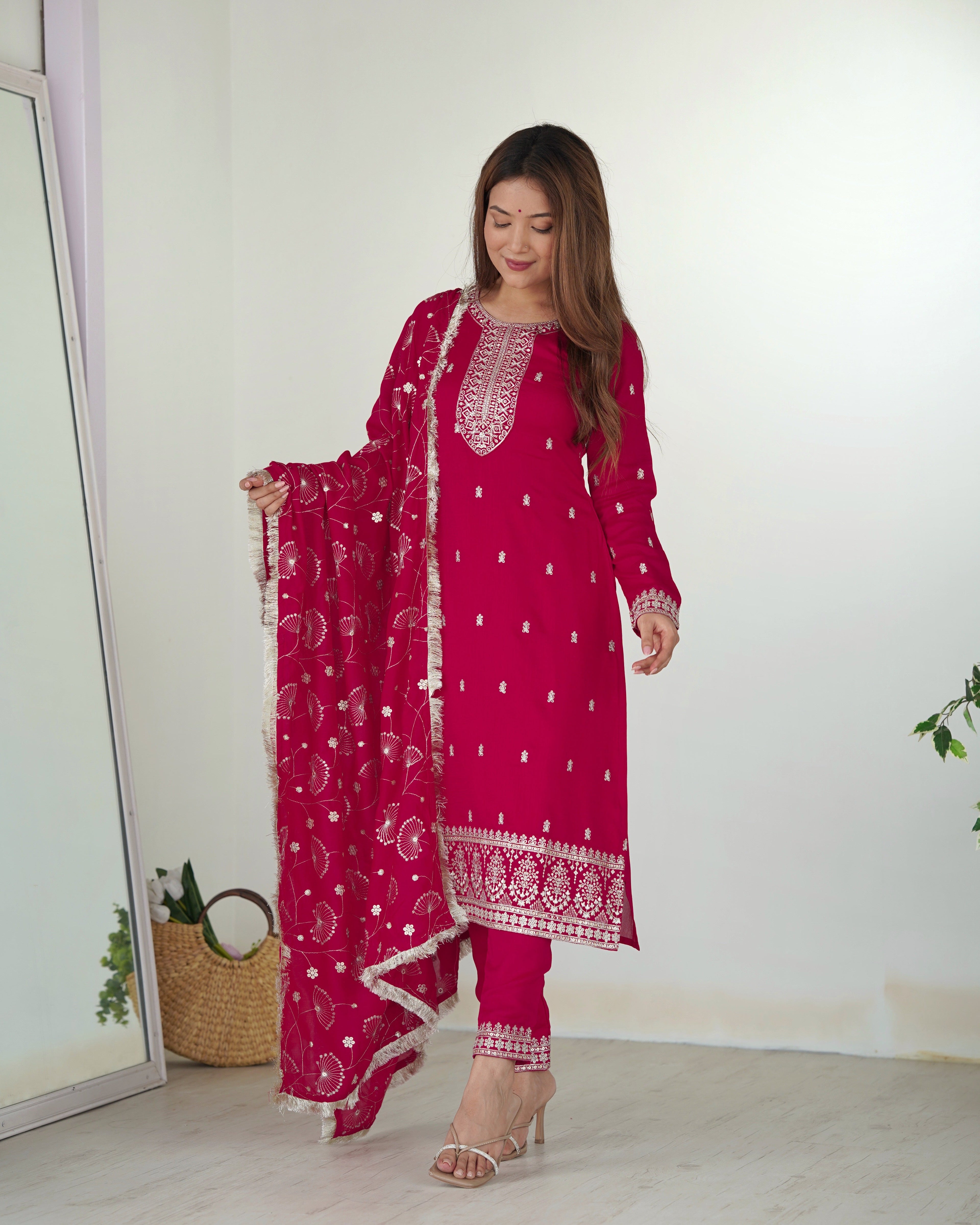 Lorenvalley Magenta Rangoli Silk Embroidery Sequence and Jari Work Kurta Trousers with Dupatta Set - Distacart