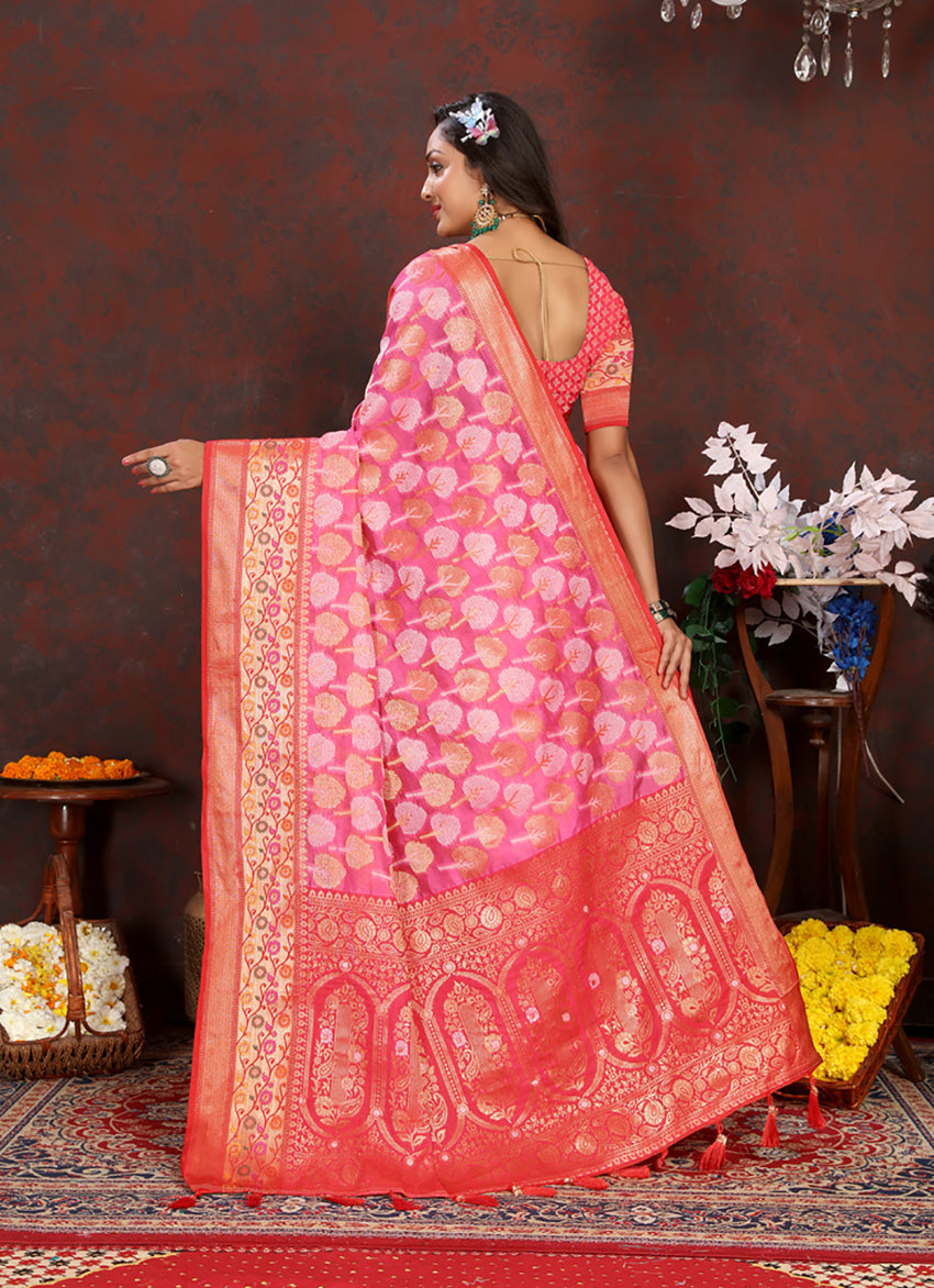 Lorenvalley Fashion Magenta Organza Silk Woven Design with Rich Meenakari Weaving Pallu Saree