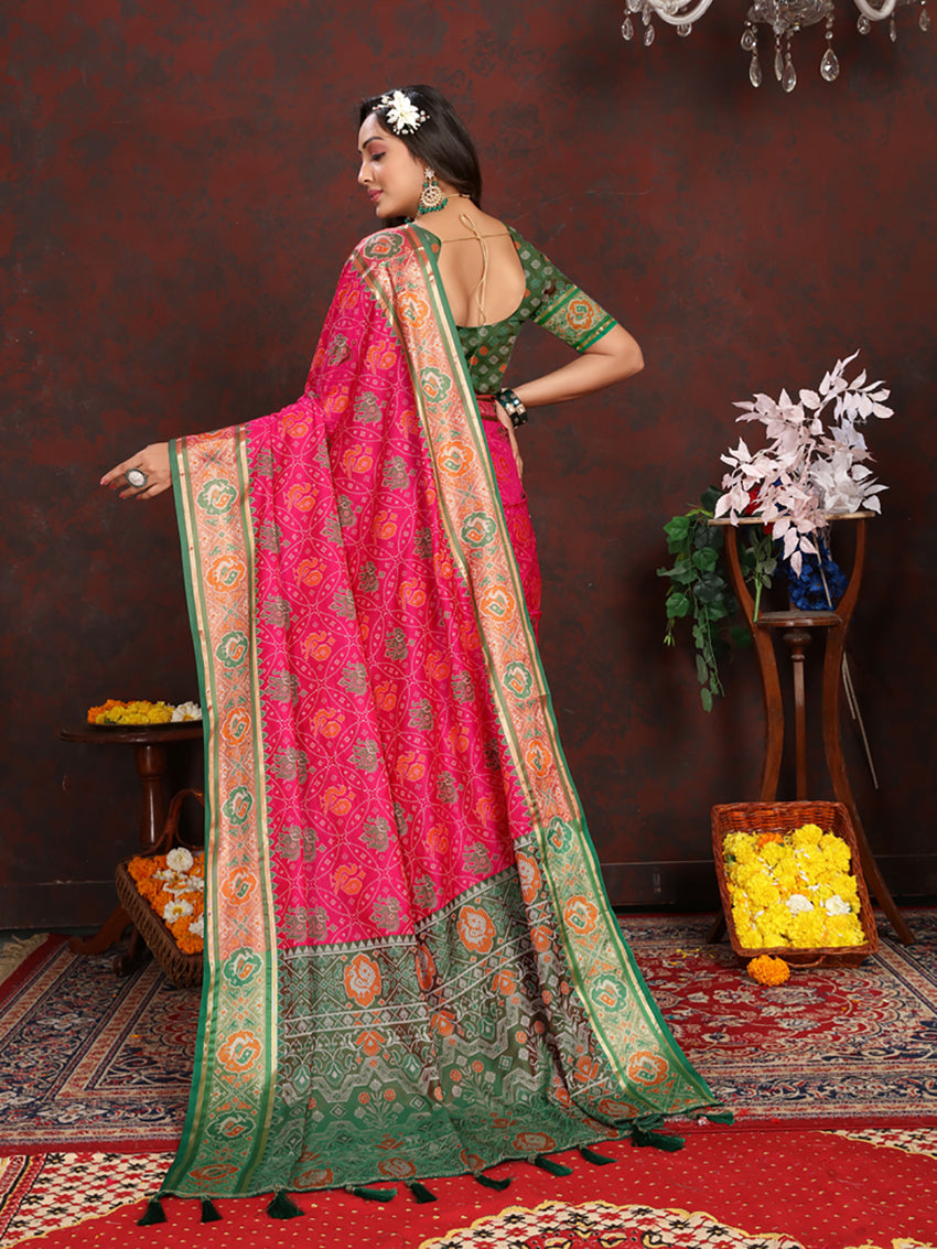 Lorenvalley Fashion Magenta Patola Silk Woven Design with Zari Meenakari Weaving motifs Pallu Saree
