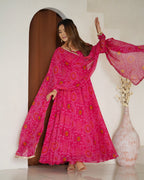 Lorenvalley Women Soft Lightweight Chiffon Bandhej Print Fabric Anarkali Kurta Pant With Dupatta Set