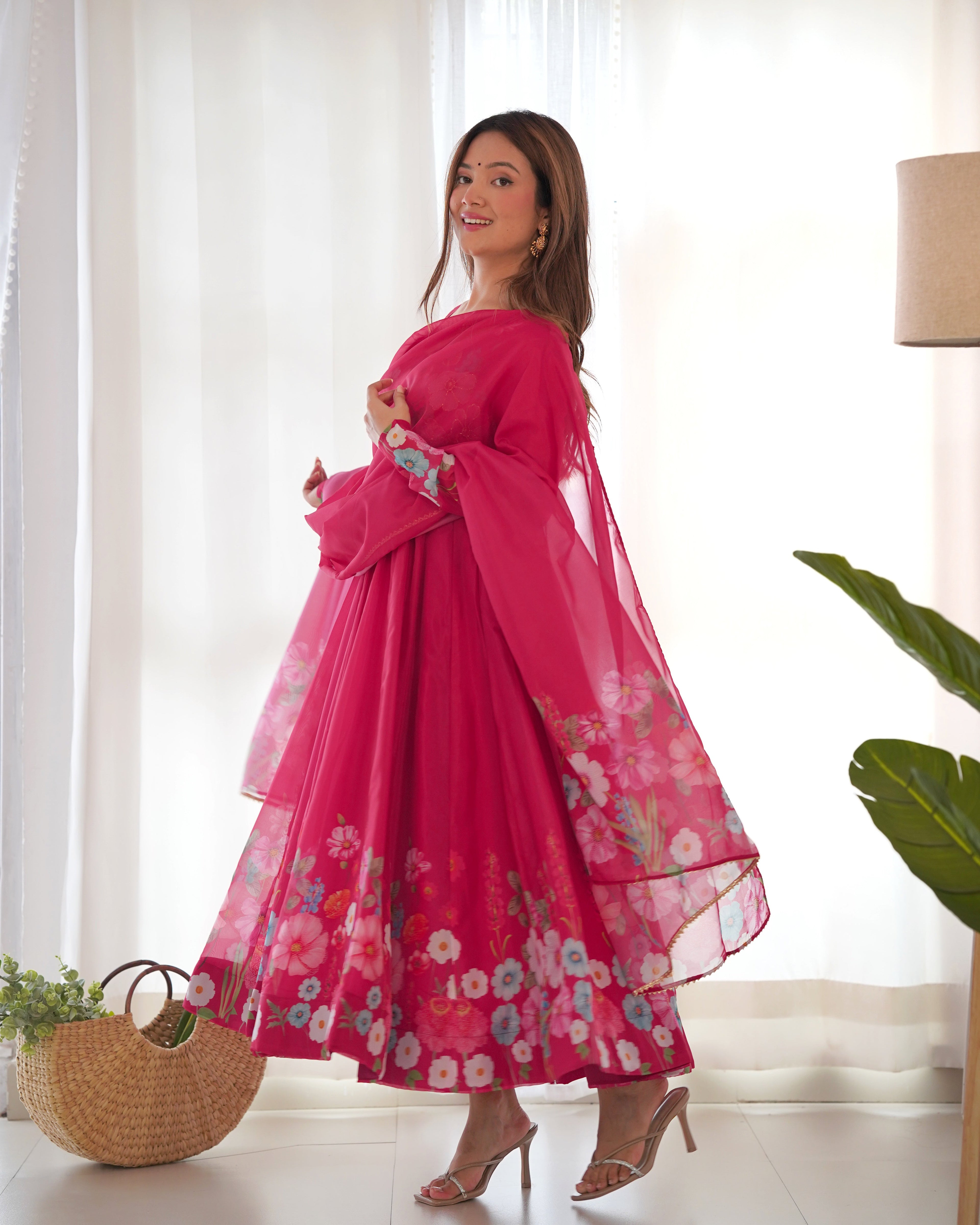 Lorenvalley Parrot Soft Organza Silk With Floral Print Fully Flared Anarkali Pant With Dupatta Set - Magenta