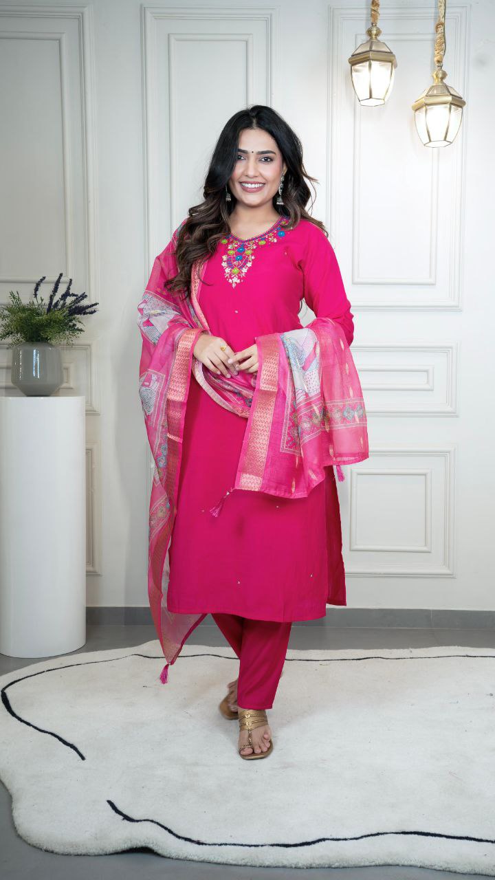 Lorenvalley Fashion Magenta Roman Silk Hand Work Kurta Pant with Dupatta - Distacart