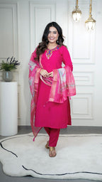 Lorenvalley Fashion Magenta Roman Silk Hand Work Kurta Pant with Dupatta - Distacart