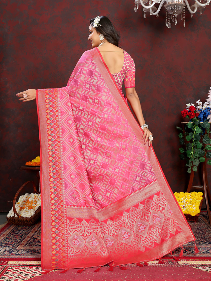 Lorenvalley Fashion Magenta Organza Silk Woven Design with Rich Meenakari Weaving Pallu Saree