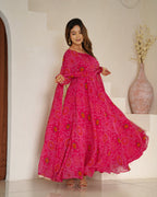 Lorenvalley Women Soft Lightweight Chiffon Bandhej Print Fabric Anarkali Kurta Pant With Dupatta Set