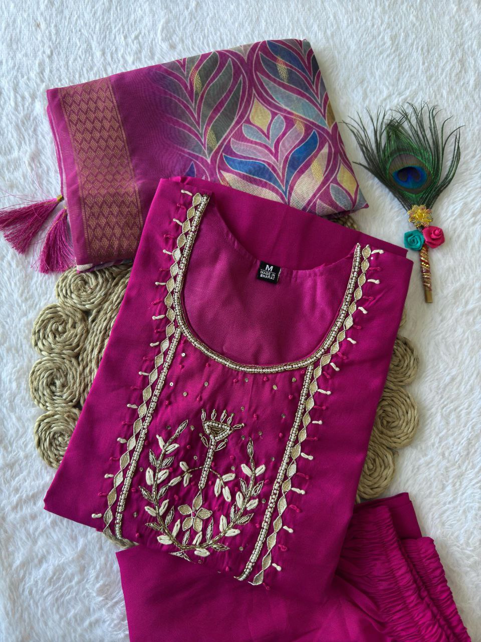 Lorenvalley Fashion Magenta Roman Silk Hand Work Kurta Pant with Dupatta - Distacart