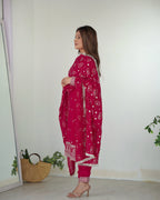 Lorenvalley Magenta Rangoli Silk Embroidery Sequence and Jari Work Kurta Trousers with Dupatta Set - Distacart