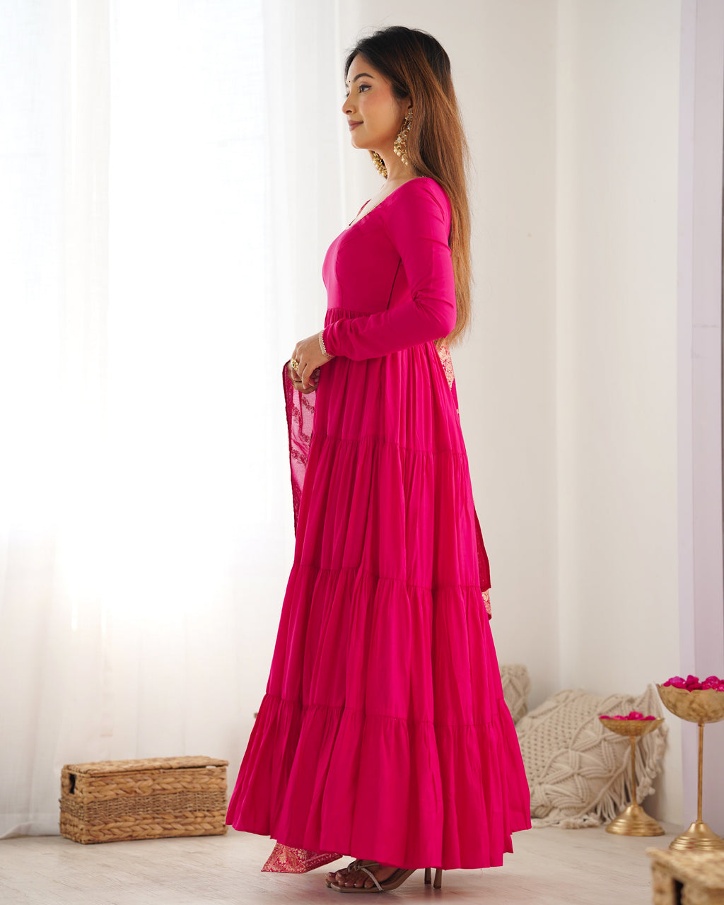 Lorenvalley Women Pure Roman silk Chanderi Fabric Layer Gathering Anarkali Kurta Pant With Dupatta Set - Magenta