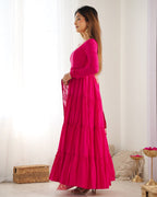 Lorenvalley Women Pure Roman silk Chanderi Fabric Layer Gathering Anarkali Kurta Pant With Dupatta Set - Magenta