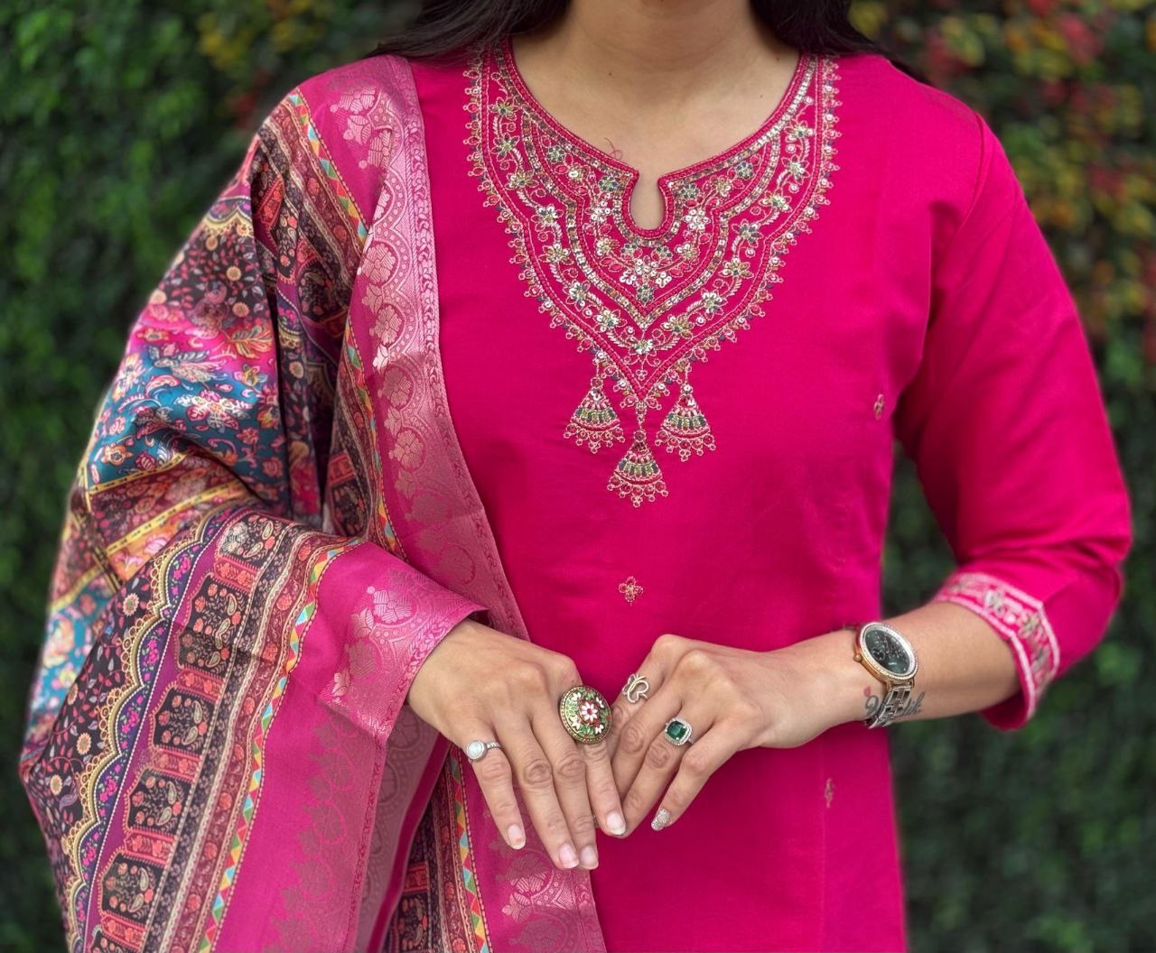 Lorenvalley Fashion Magenta Roman Silk Embroidery Multi Work Kurta Pant with Dupatta - Distacart