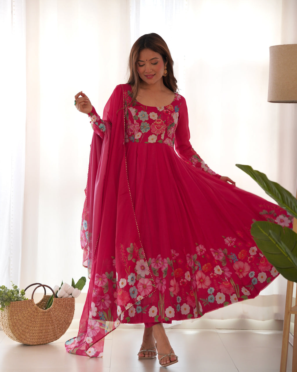 Lorenvalley Parrot Soft Organza Silk With Floral Print Fully Flared Anarkali Pant With Dupatta Set - Magenta